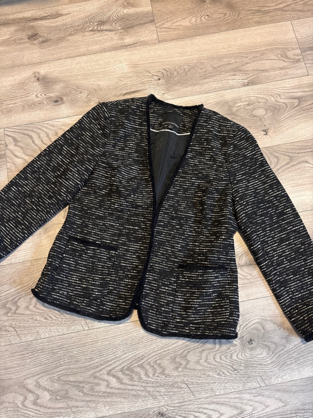 Banana Republic Black White Tweed Frayed Trim Blazer Jacket Size 10